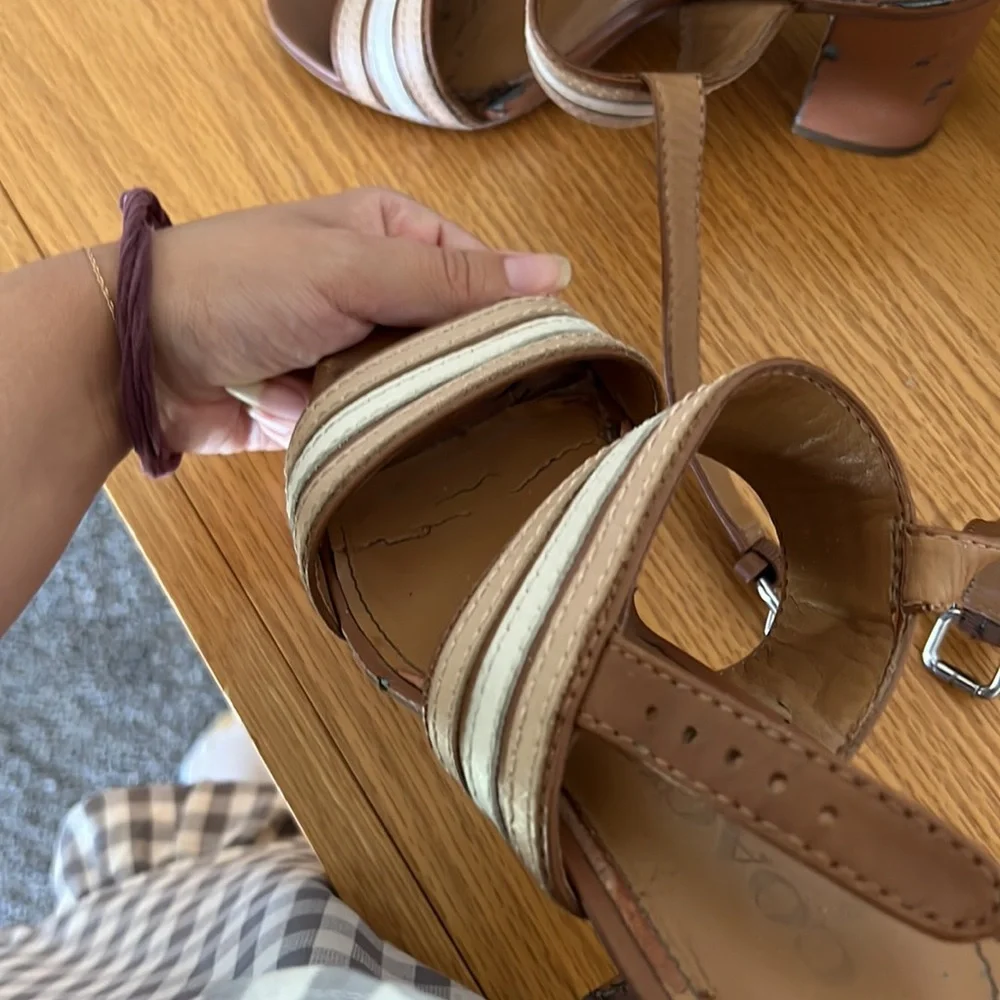 Coach Princeton Leather Strappy Slingback Sandal Tan Brown Stripe Block Heel
